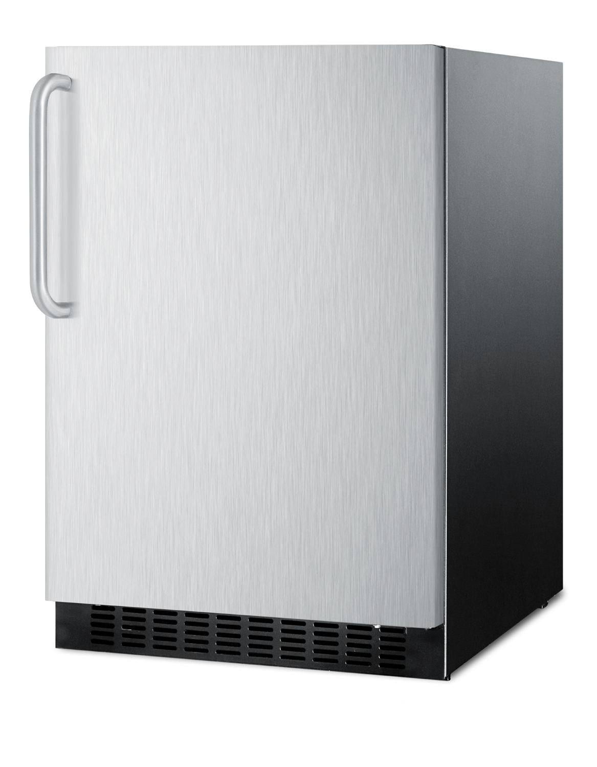 Built-in undercounter all-refrigerator for residential or commercial use, frost-free w/stainless steel wrapped door, towel bar handle, and black cabinet